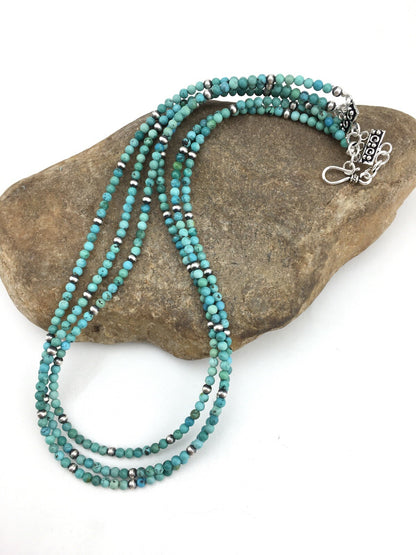 Turquoise 3 Strands Southwestern Sterling Silver Necklace 21" 01097