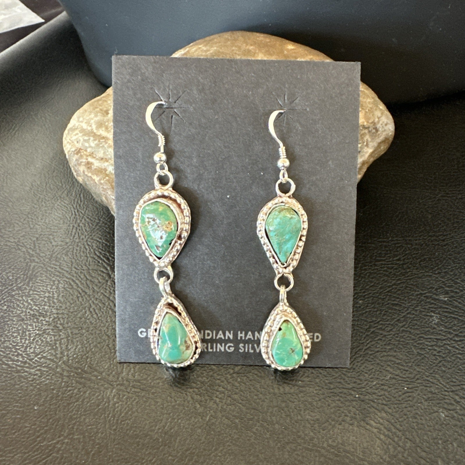 Green Royston Turquoise Navajo Sterling Silver Dangle Earrings 19404