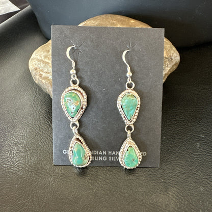 Green Royston Turquoise Navajo Sterling Silver Dangle Earrings 19404