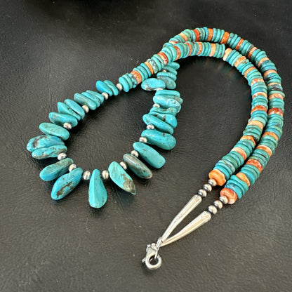 Mens Women Navajo Blue Turquoise Spiny Oyster Necklace Sterling Silver 24” 19506