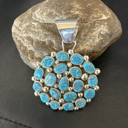 Cluster Kingman Turquoise Navajo Sterling Silver Necklace Pendant 2.75” 19087