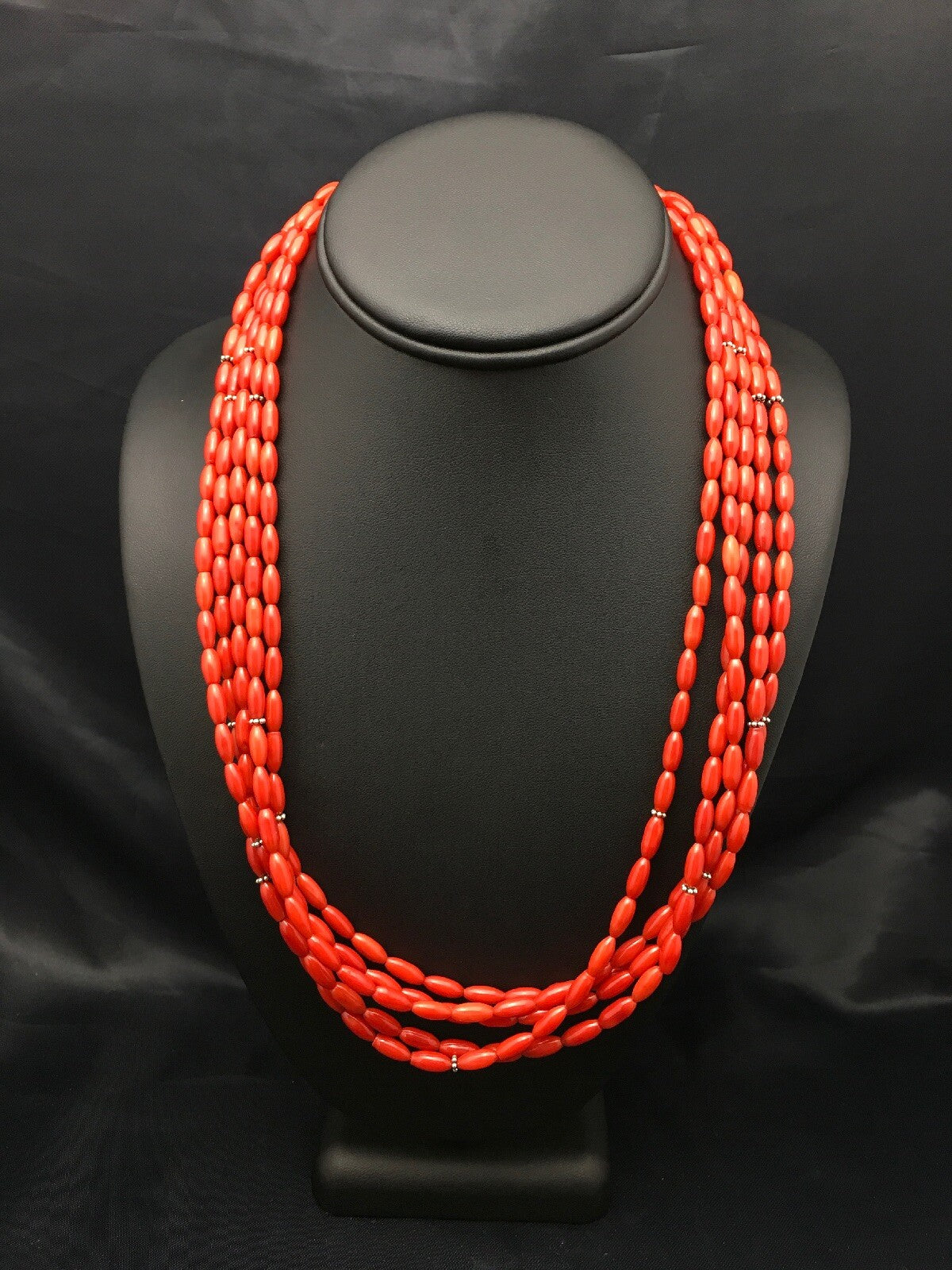 Red Bamboo Coral 5 Strand Navajo Pearls Sterling Silver Necklace 22" 04165