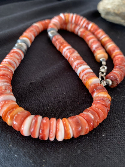 Red Spiny Oyster Navajo Sterling Silver Beads 20" Necklace 00556