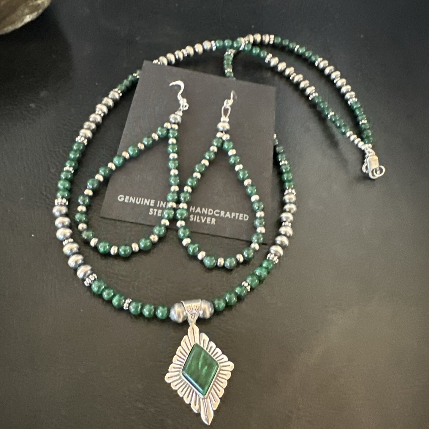 Womens Green Malachite Pendant Navajo Sterling Silver Necklace Earrings 18374