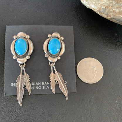 Native Womens Nugget Sterling Silver Blue Turquoise Dangle Earrings 2.5" 13018
