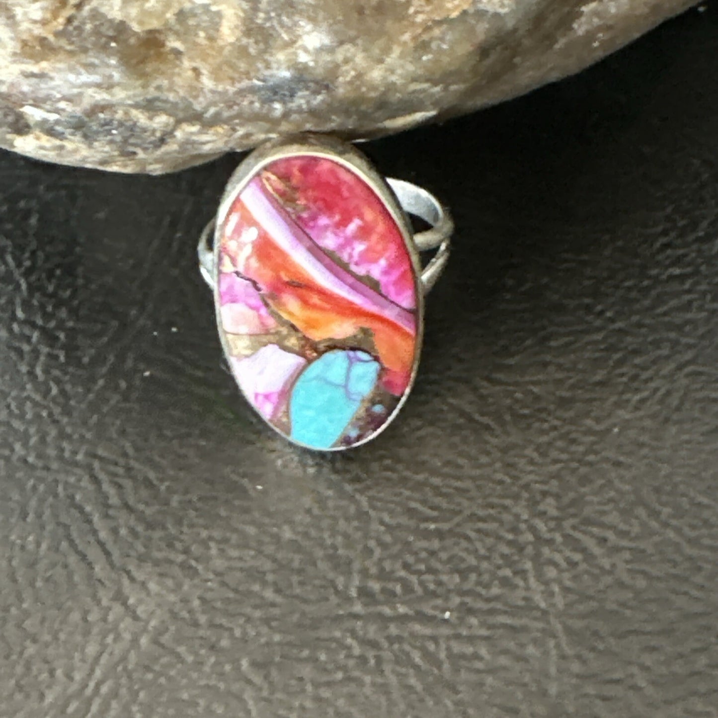 Blue Turquoise Spiny Oyster Southwestern Sterling Silver Ring Size 7 18497