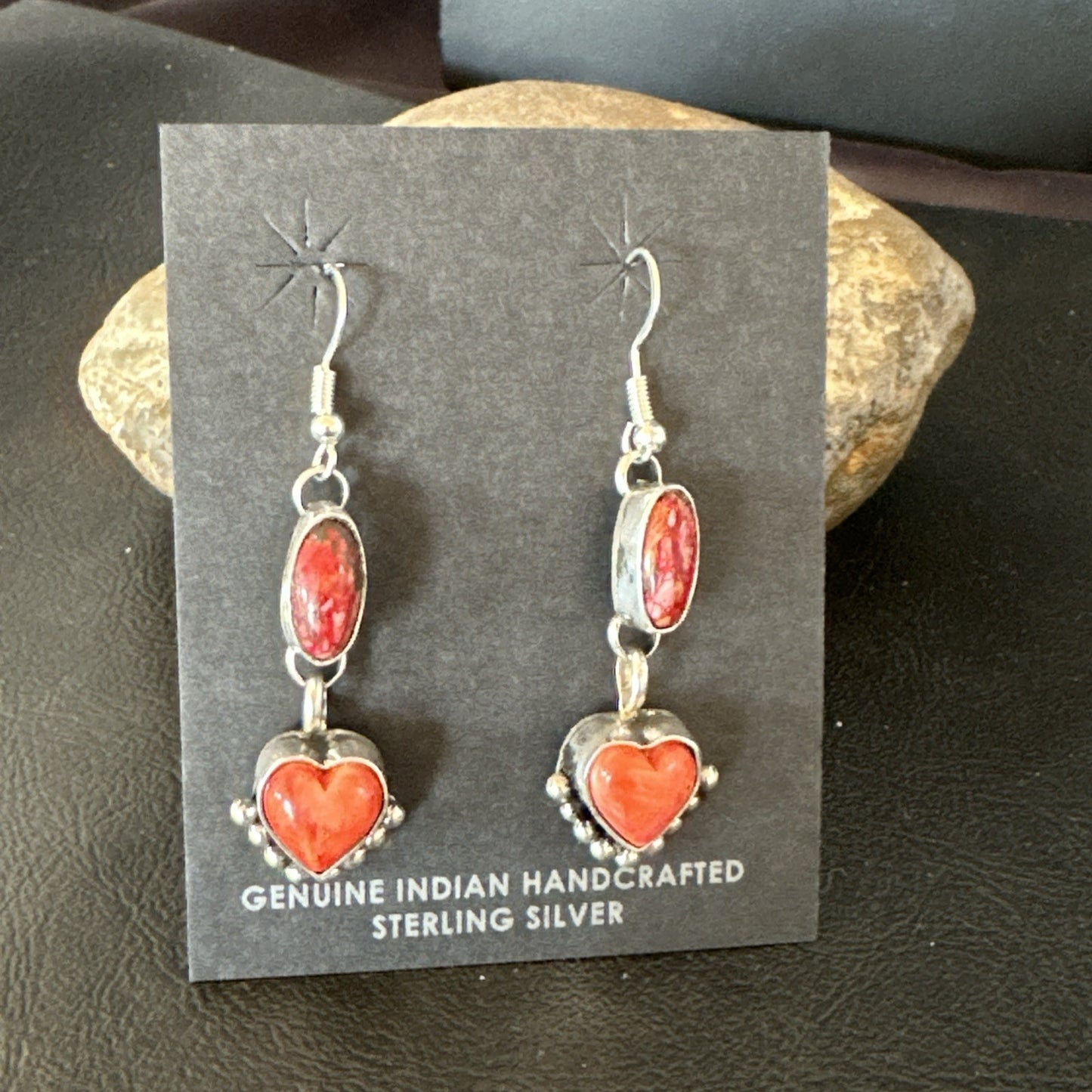 Yazzie Red Heart Spiny Oyster Navajo Sterling Silver Dangle Earrings 19797