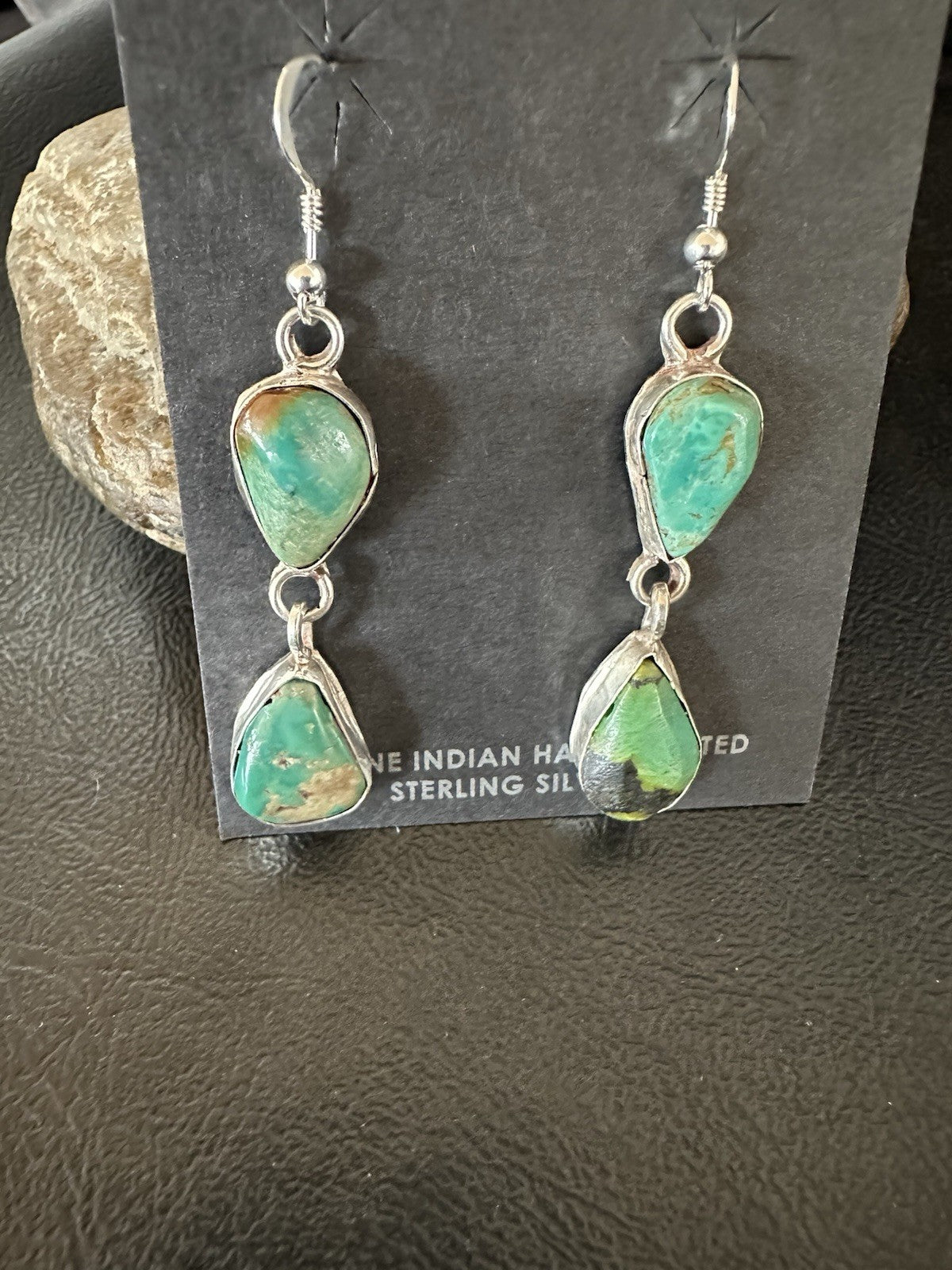 Green Royston Turquoise Navajo Sterling Silver Dangle Earrings 19370