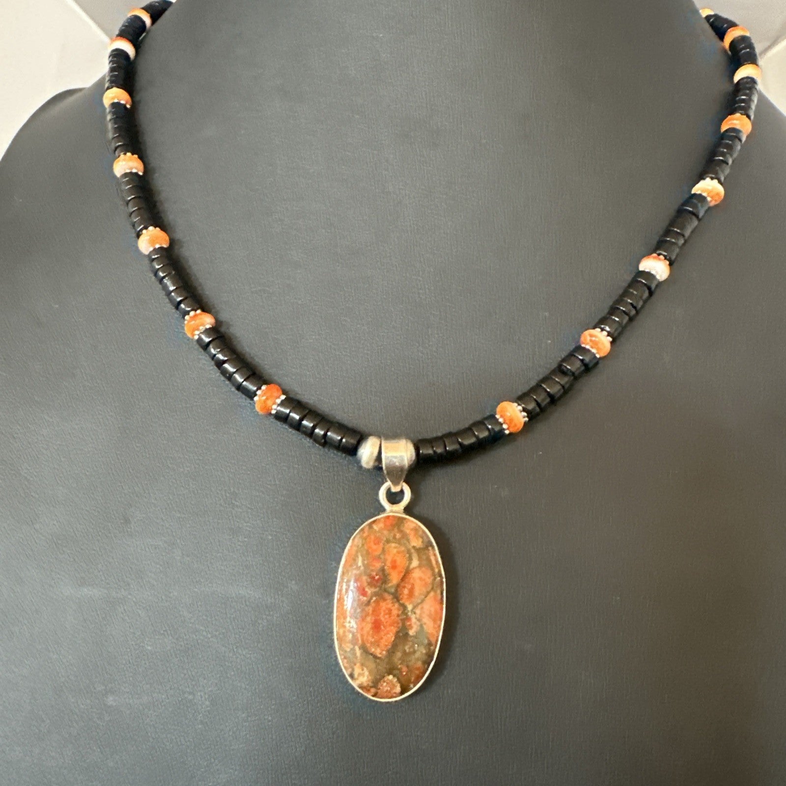 Orange Spiny Black Onyx Navajo Sterling Silver Pendant Necklace 20” 19638