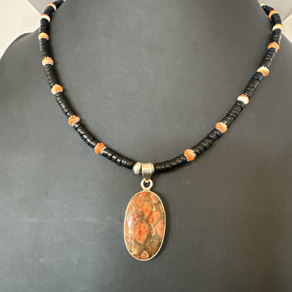 Orange Spiny Black Onyx Navajo Sterling Silver Pendant Necklace 20” 19638