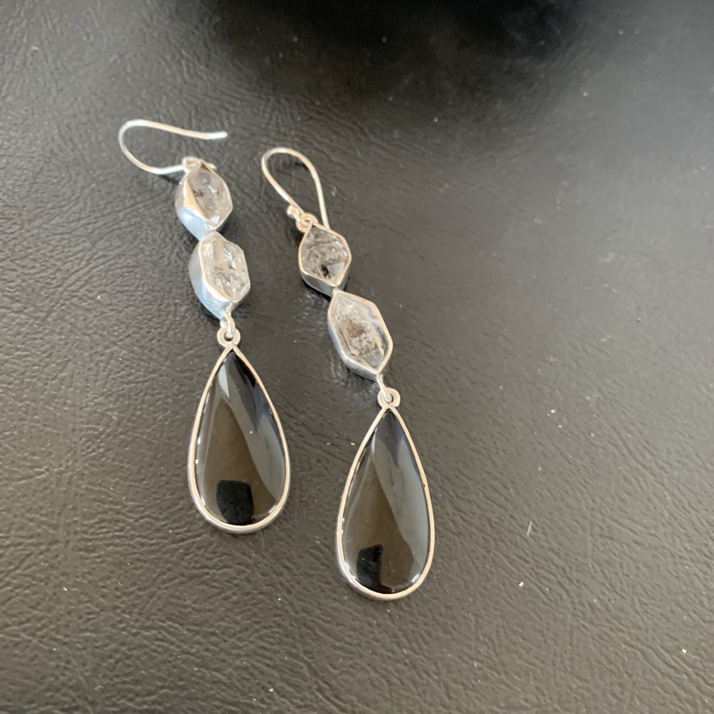 Black Onyx & Quartz Navajo Sterling Silver Dangle Earring 2" 12086