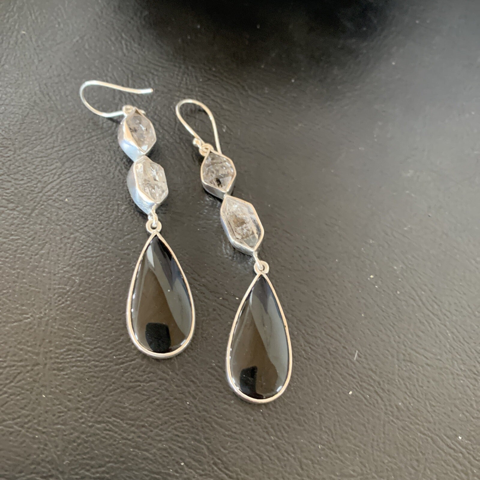 Black Onyx & Quartz Navajo Sterling Silver Dangle Earring 2" 12086