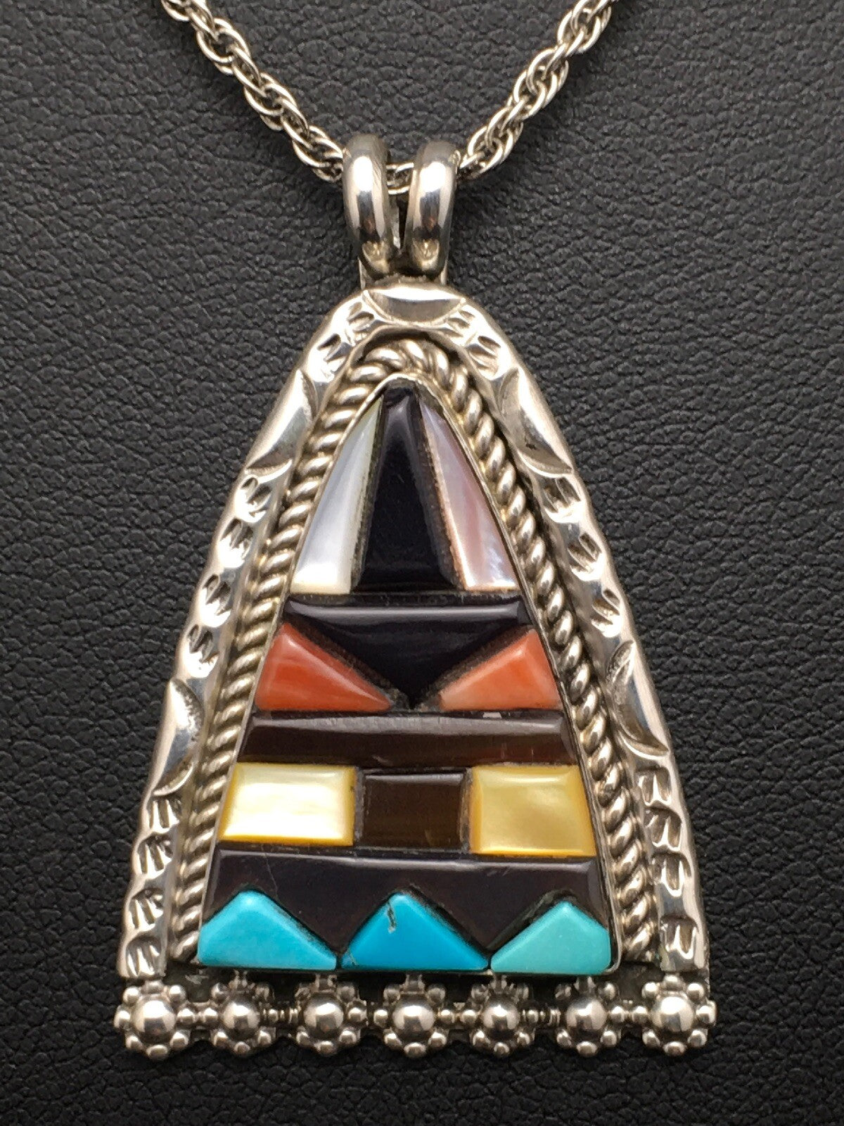 Turquoise Multi-Color Pendant Navajo Indian Sterling Silver Necklace 4093