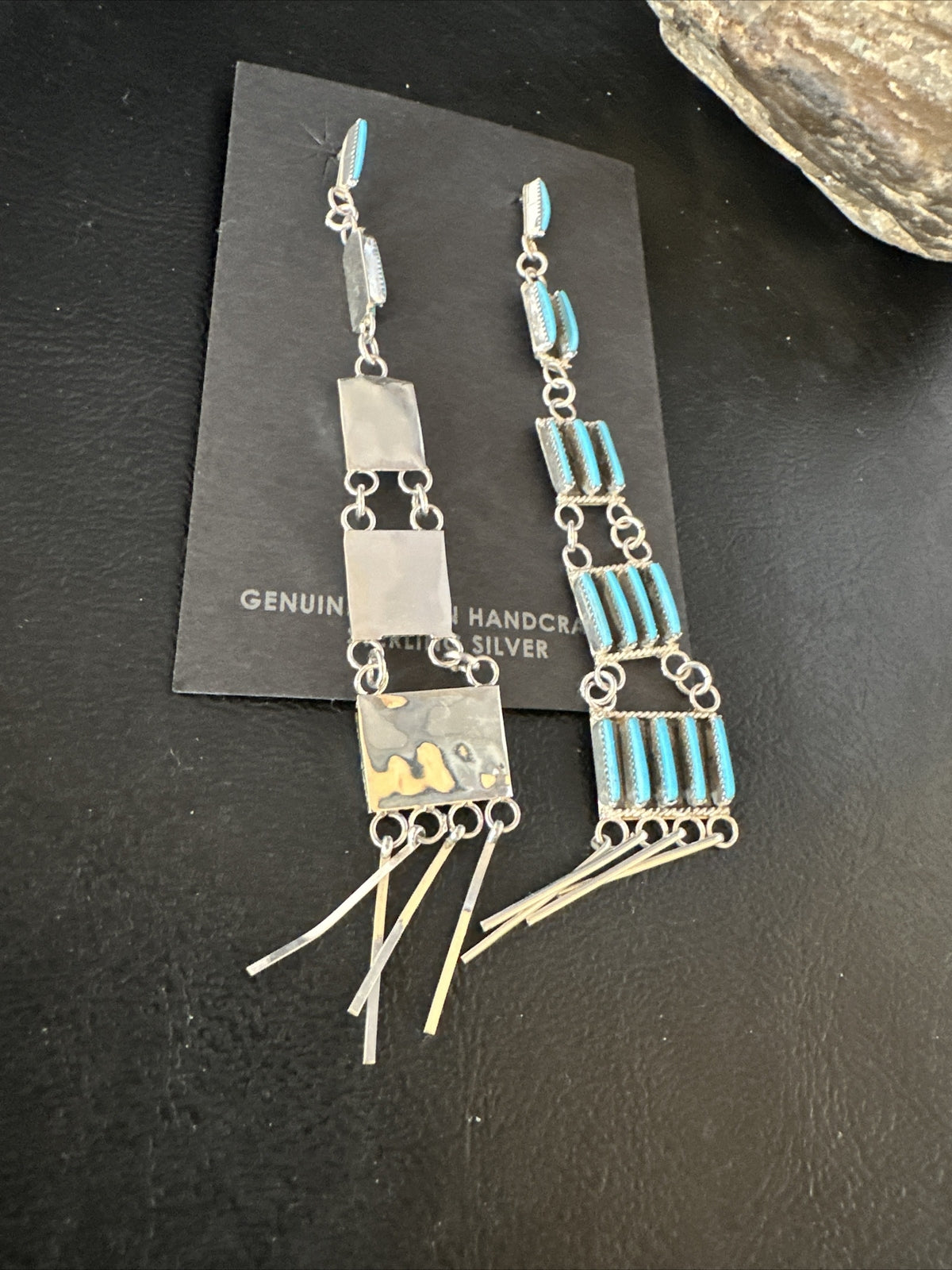 Kingman Turquoise Needle Point Zuni Sterling Silver 5 Tier Dangle Earrings 18636