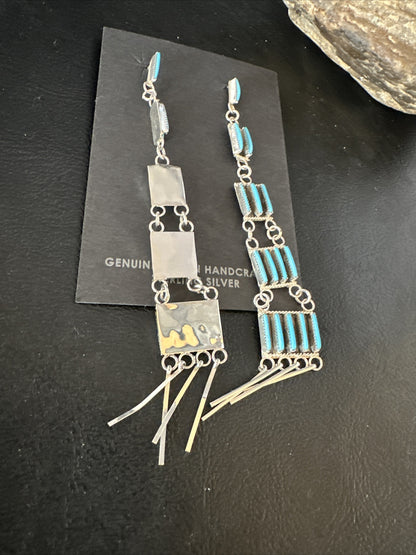 Kingman Turquoise Needle Point Zuni Sterling Silver 5 Tier Dangle Earrings 18636