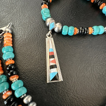 Multicolor Turquoise Spiny  Zuni Sterling Silver Inlay Pendant Necklace 19664