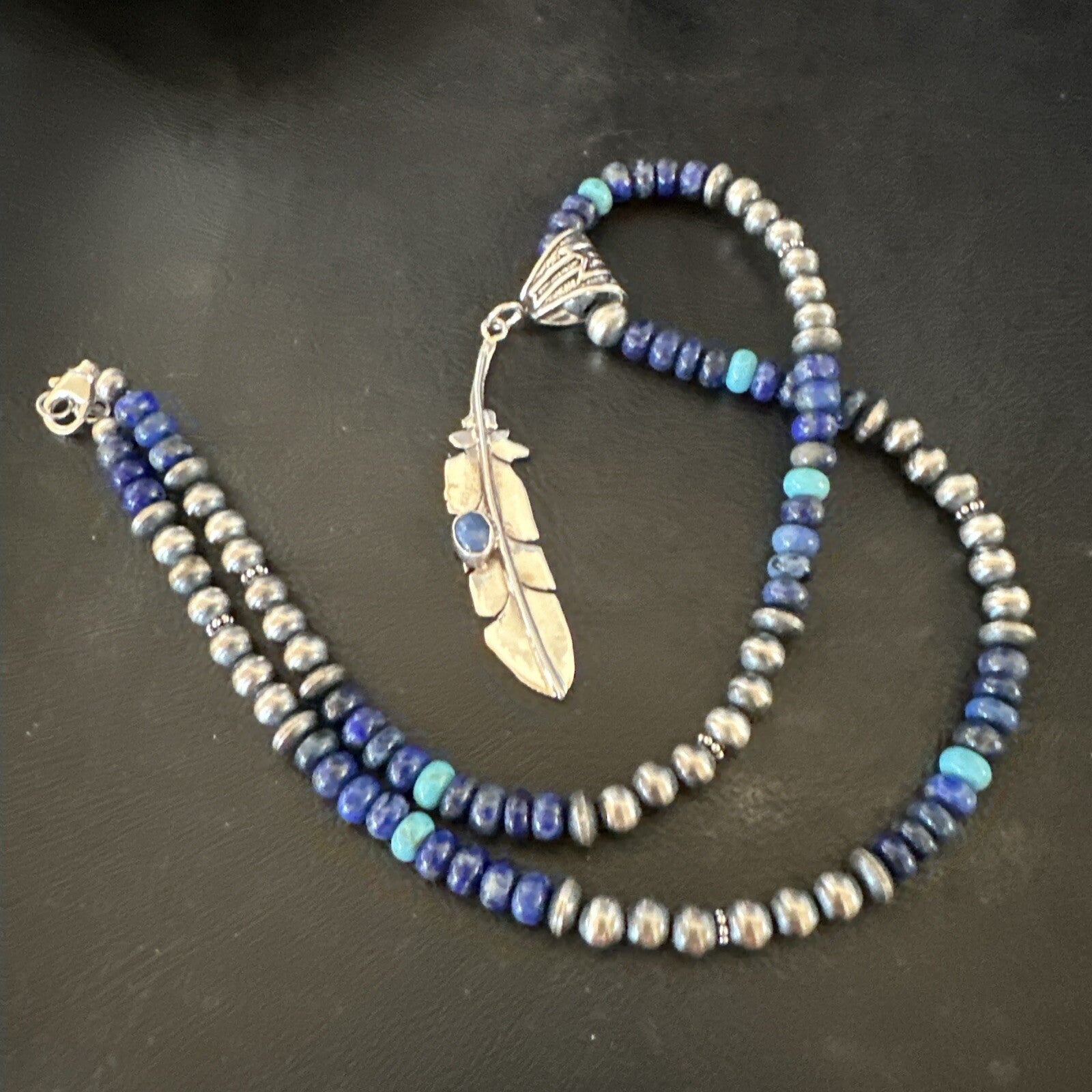 Blue Turquoise Lapis Feather Pendant Navajo Sterling Silver Necklace 21” 17789