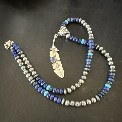 Blue Turquoise Lapis Feather Pendant Navajo Sterling Silver Necklace 21” 17789