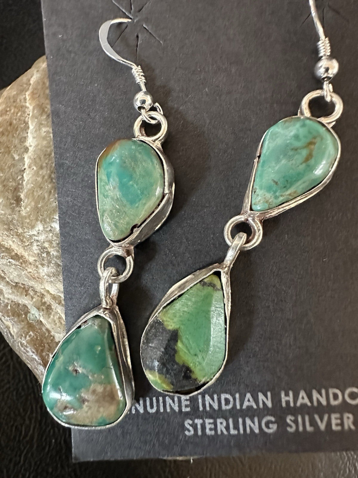 Green Royston Turquoise Navajo Sterling Silver Dangle Earrings 19370