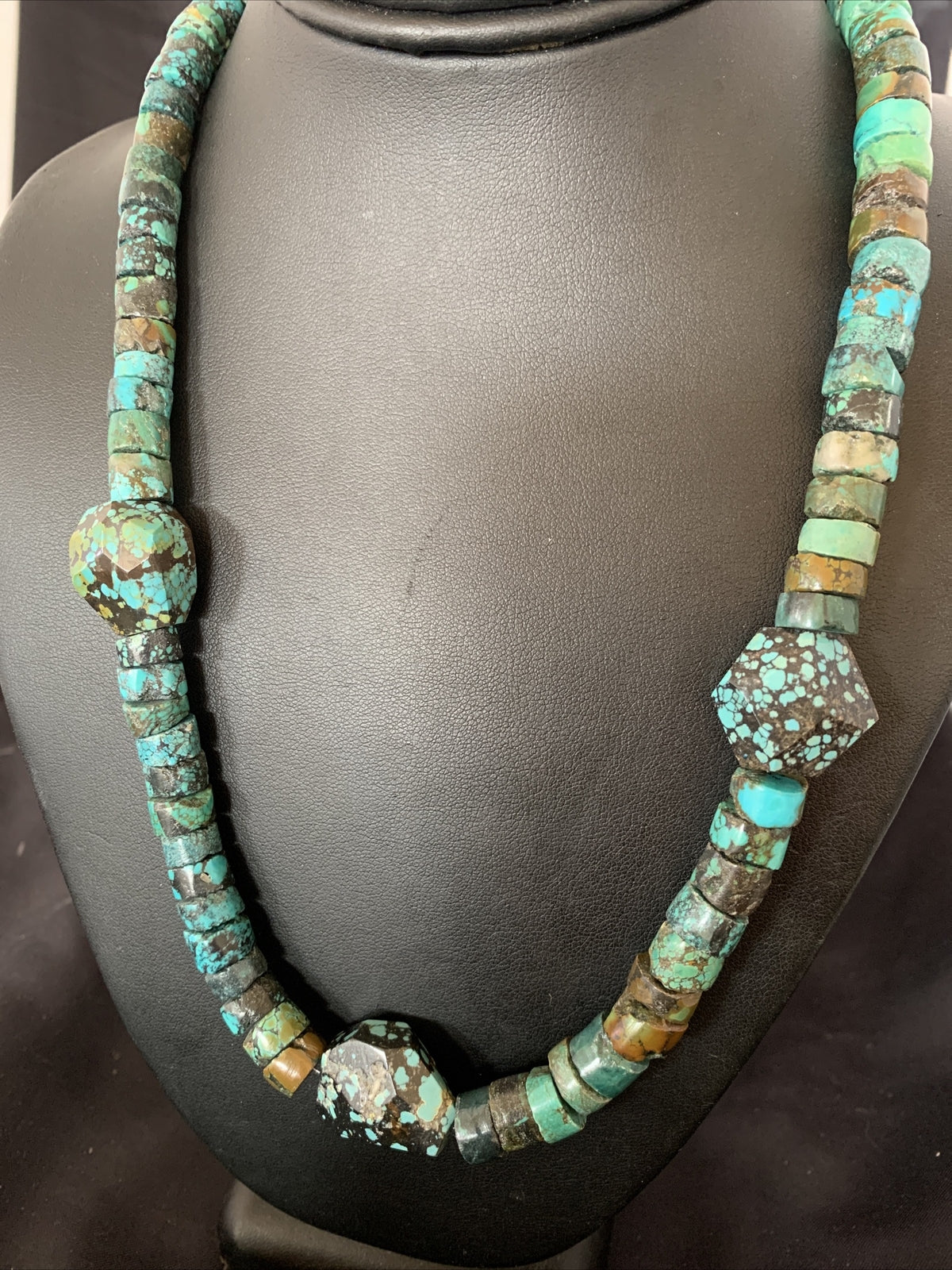 Men Chunky Spiderweb Turquoise Heishi Navajo Sterling Silver Necklace 21” 124505