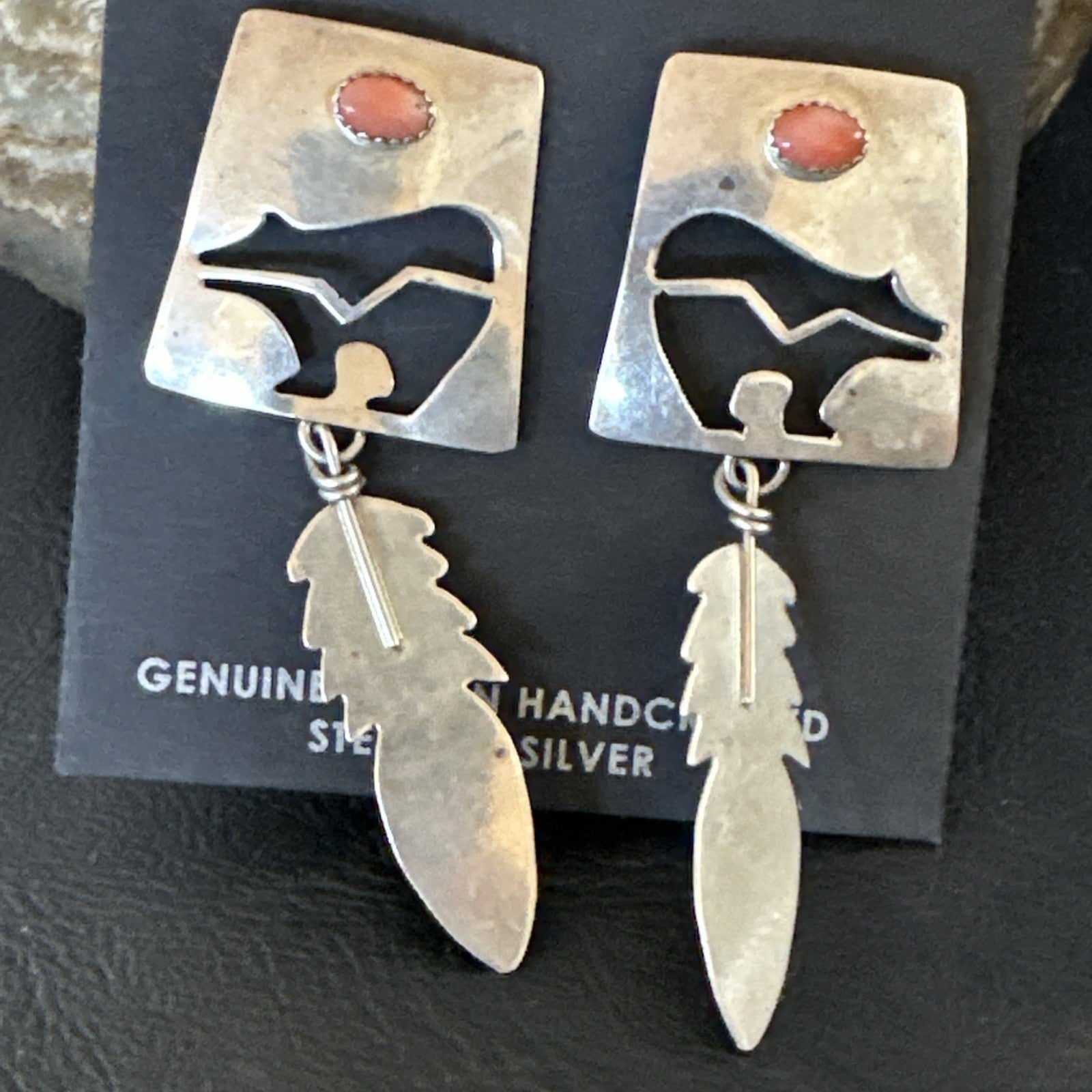 Old Pawn Pink Coral Navajo Sterling Silver Dangle Bear Feather Earrings 2” 19084