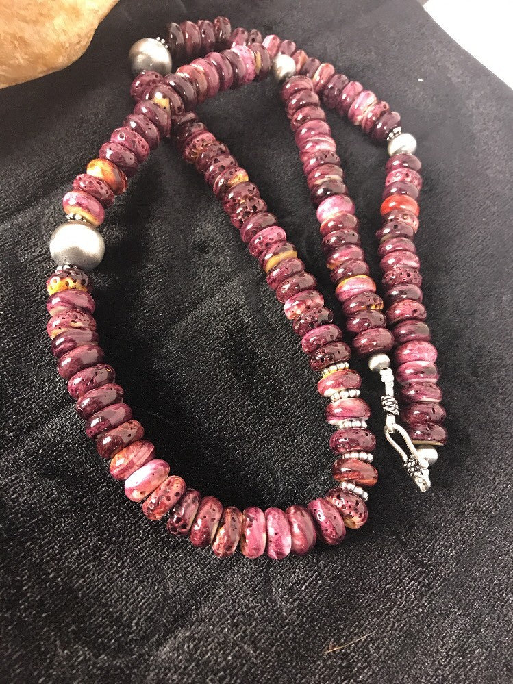 Purple Spiny Oyster 10 mm Bead Navajo Sterling Silver Beads Necklace 00409