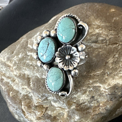 Yazzie Ring Green Turquoise Navajo Sterling Silver Cluster Size 8.5 19235
