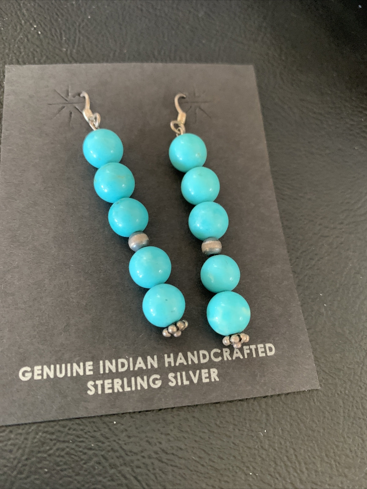 Blue Turquoise Earrings Native American Sterling Silver Bead 2" 13046