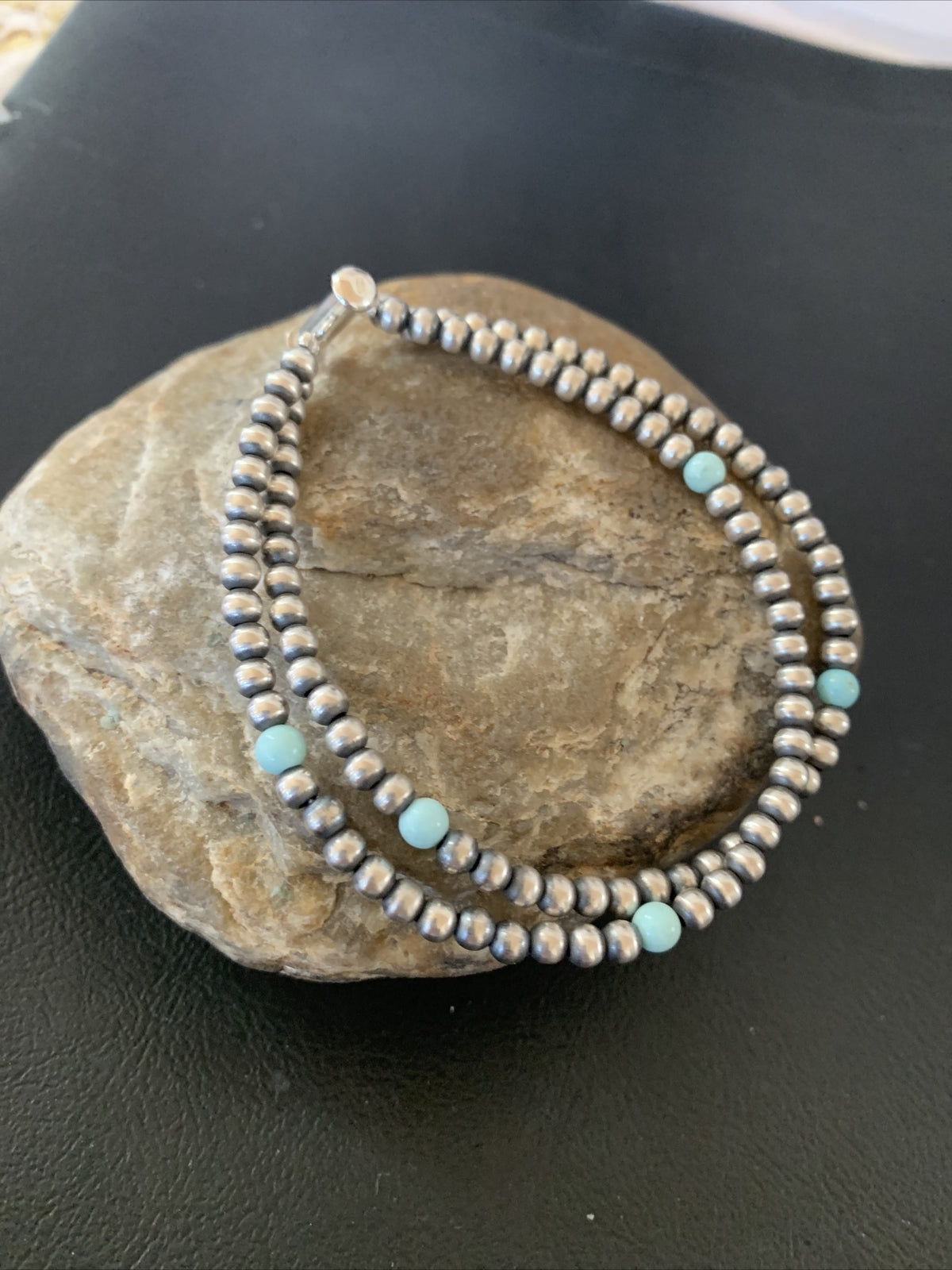 Navajo Sterling Silver Beads Blue Turquoise Bracelet 2 Strand 10083