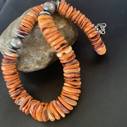 Orange Purple Spiny Oyster Navajo Pearls Sterling Silver Necklace 21" 12736