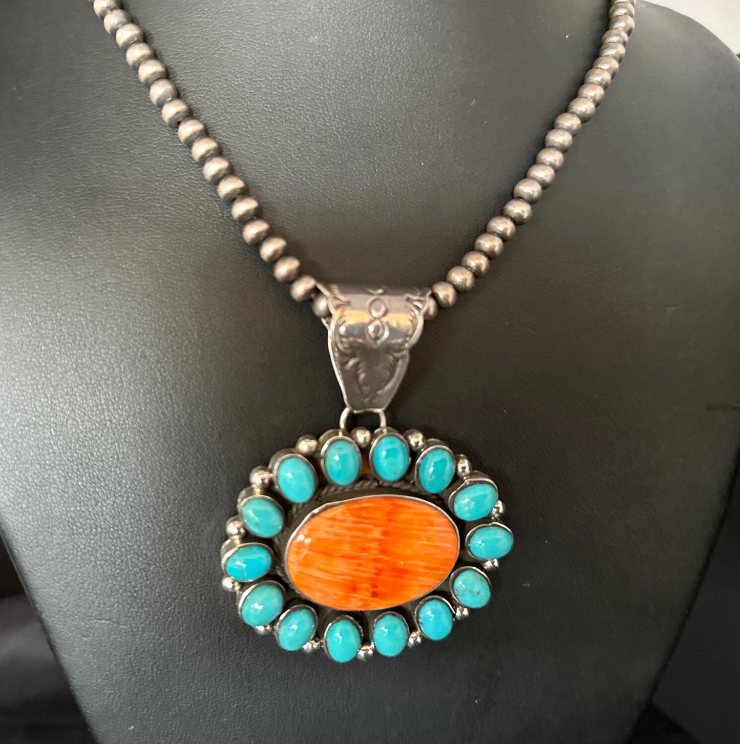 Kingman Turquoise & Spiny Oyster Cluster Pendant Sterling Silver Necklace 14277