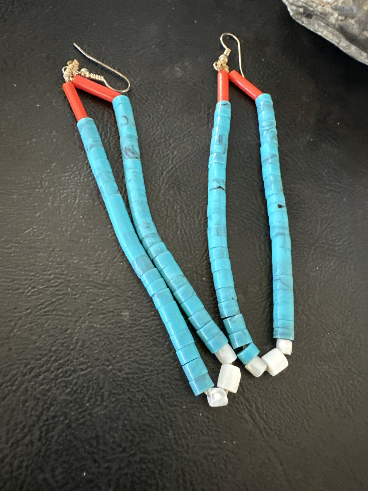 Blue Turquoise Coral Santo Domingo Sterling Silver Long Dangle Earrings 3" 17848