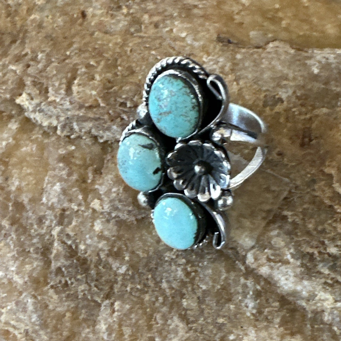 Yazzie Ring Blue Turquoise Navajo Sterling Silver Cluster Size 10 19218