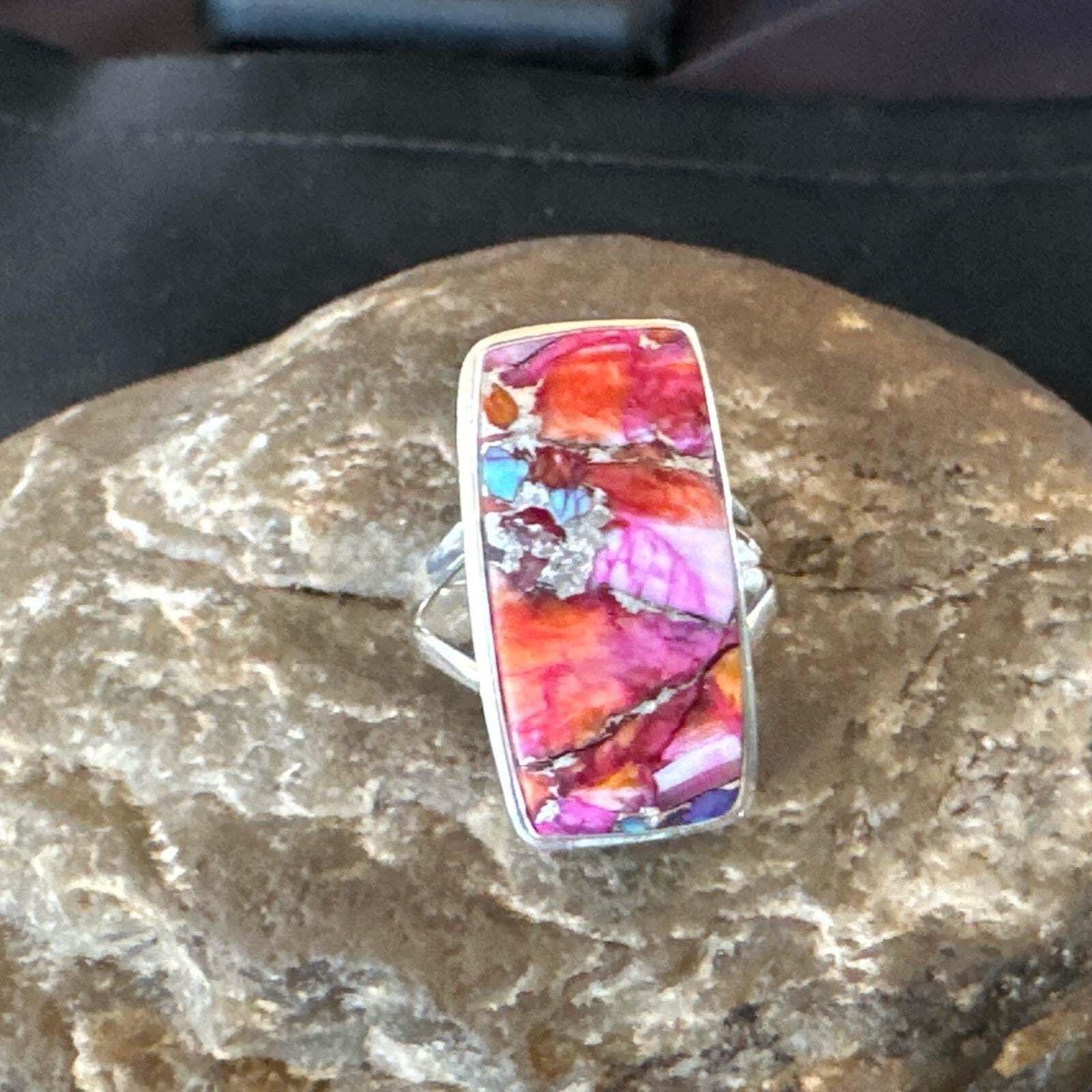 Blue Turquoise Spiny Oyster Southwestern Sterling Silver Ring Size 8 18485