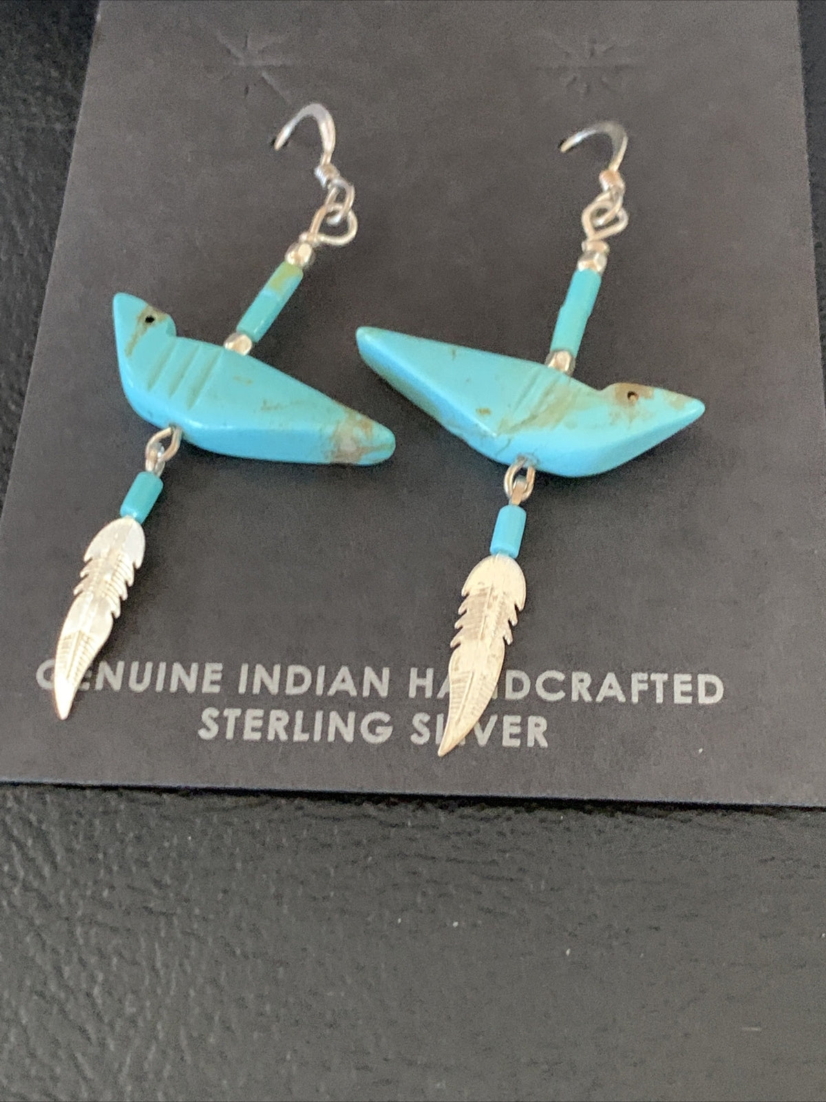 Native American Navajo Blue Turquoise Fetish Sterling Silver Earrings 1.5" 13055