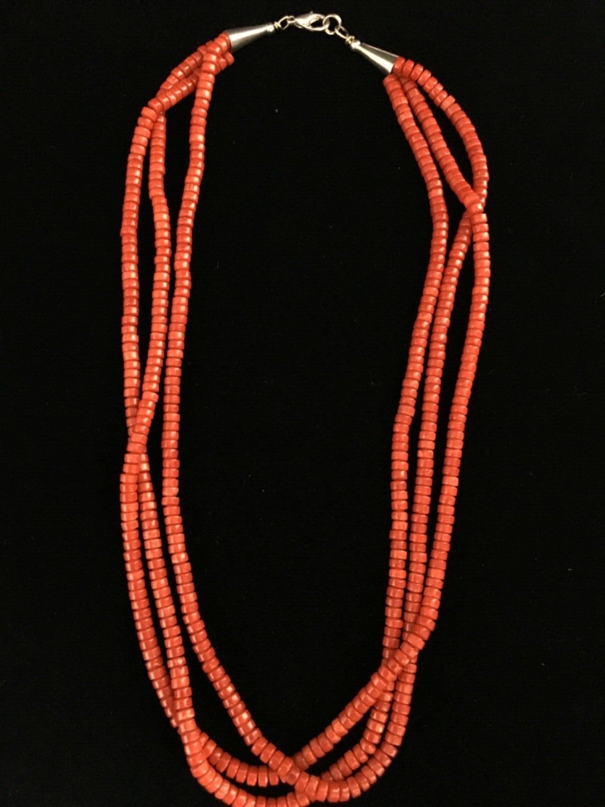 Red Coral Stabilized 3 Strands Navajo Sterling Silver Heishi Necklace 01778