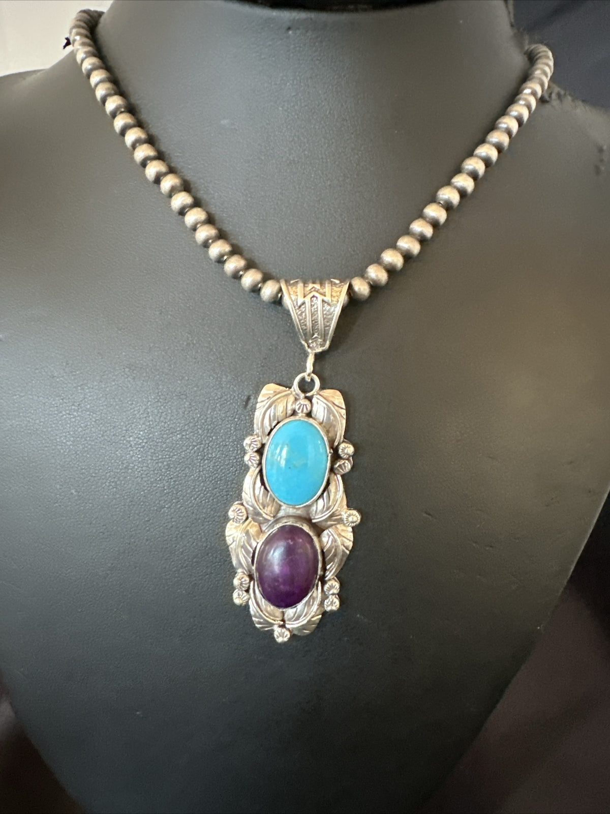 Blue Kingman Turquoise  Purple Stone Pendant Navajo Sterling Silver 18037