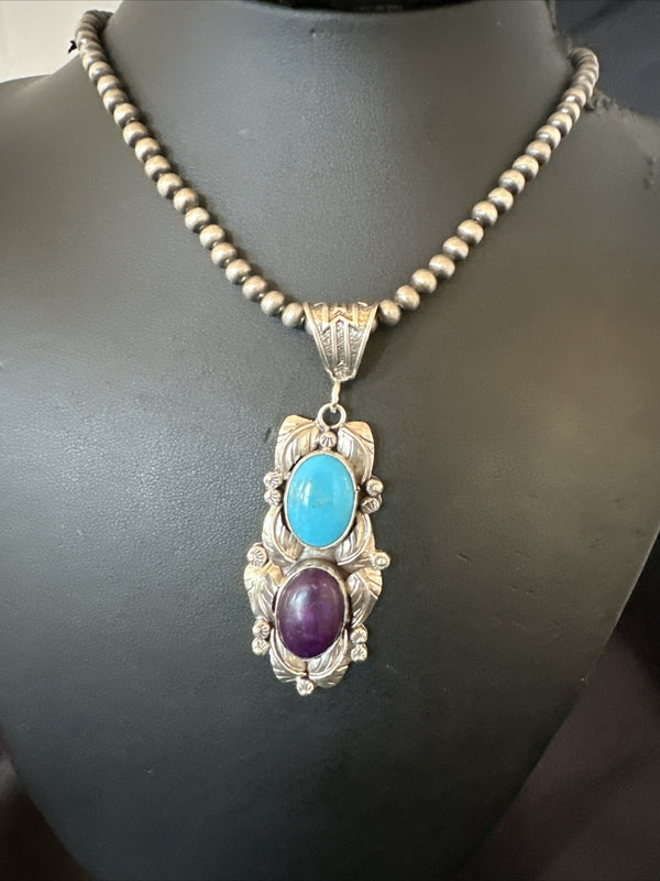 Blue Kingman Turquoise Purple Stone Pendant Navajo | Sterling Silver | Authentic Native American Handmade | 18037