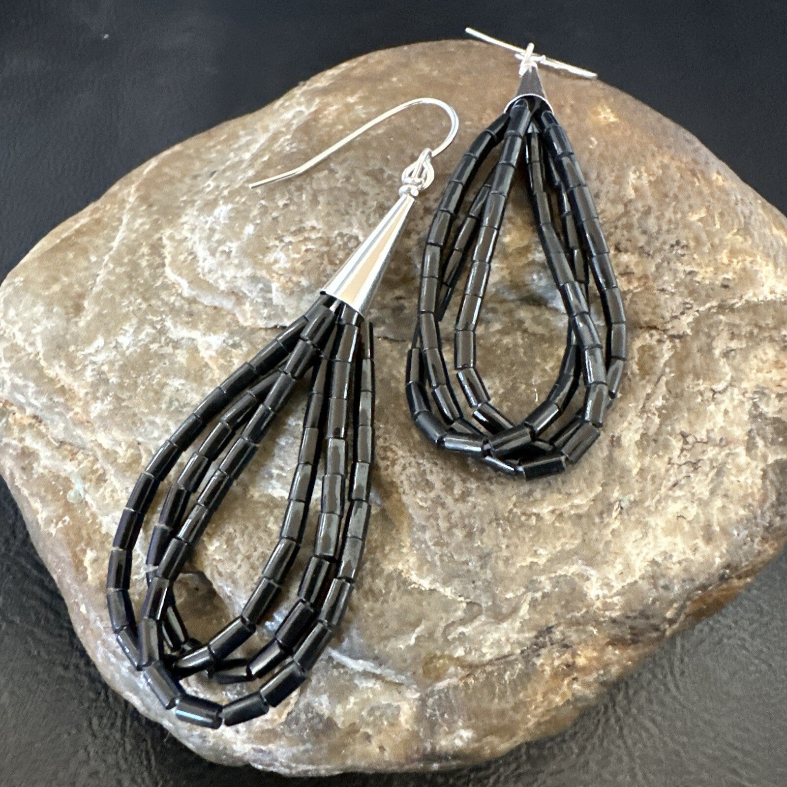 Black Onyx Heishi 3S Bead Southwestern Sterling Silver Earrings 2" 18197