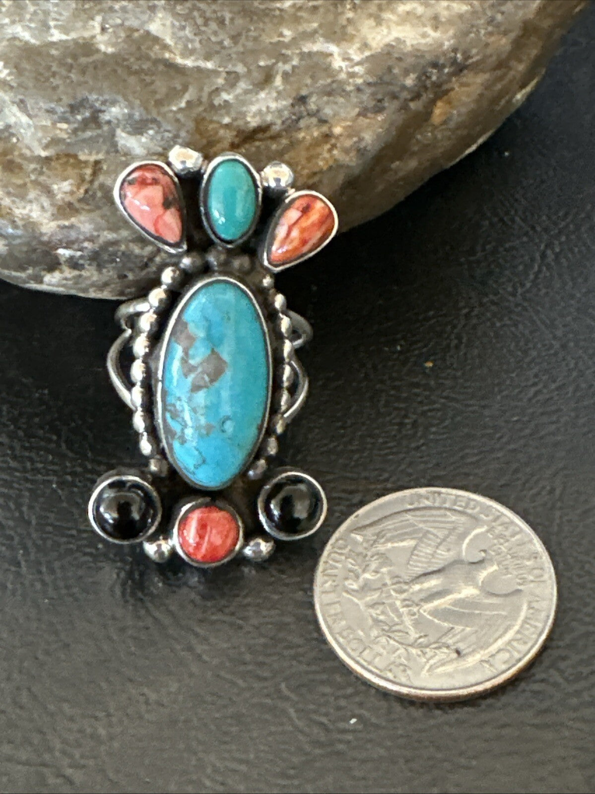 Cluster Blue Turquoise Spiny Oyster Onyx Sterling Silver Ring Size 9 18560