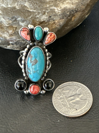 Cluster Blue Turquoise Spiny Oyster Onyx Sterling Silver Ring Size 9 18560