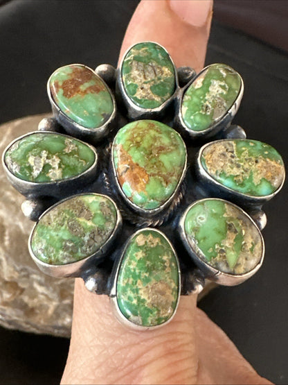Navajo Sterling Silver Cluster Green Sonoran Gold Turquoise Ring Sz 8 18603
