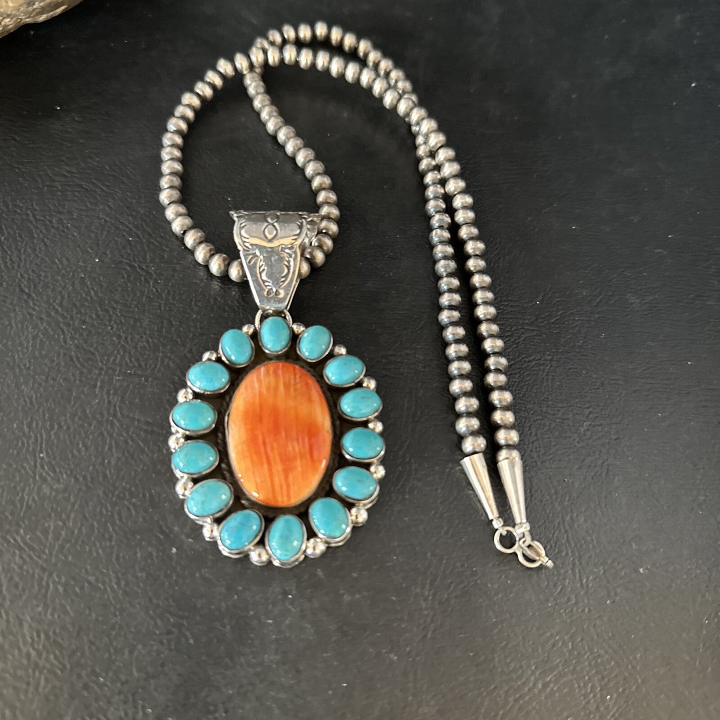 Blue Cluster Kingman Turquoise Sterling Orange Spiny Oyster Pendant 14278