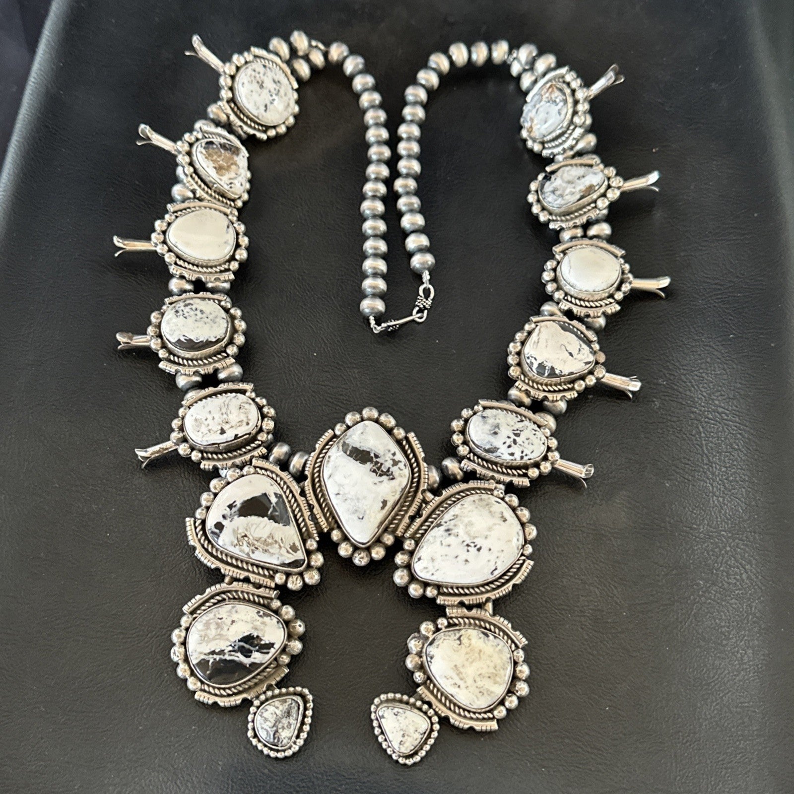 White Buffalo Turquoise Pendant Navajo Sterling Silver Squash Necklace 19305
