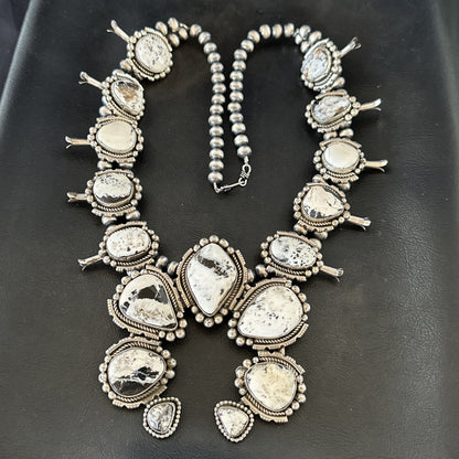 White Buffalo Turquoise Pendant Navajo Sterling Silver Squash Necklace 19305