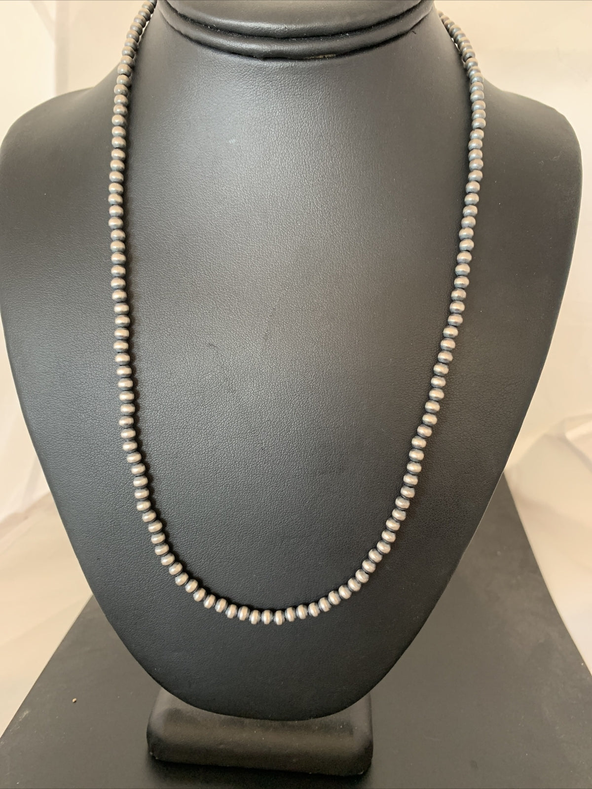 Native American 4mm Sterling Silver Beads Navajo 18" Hook & Eye Cone Necklace