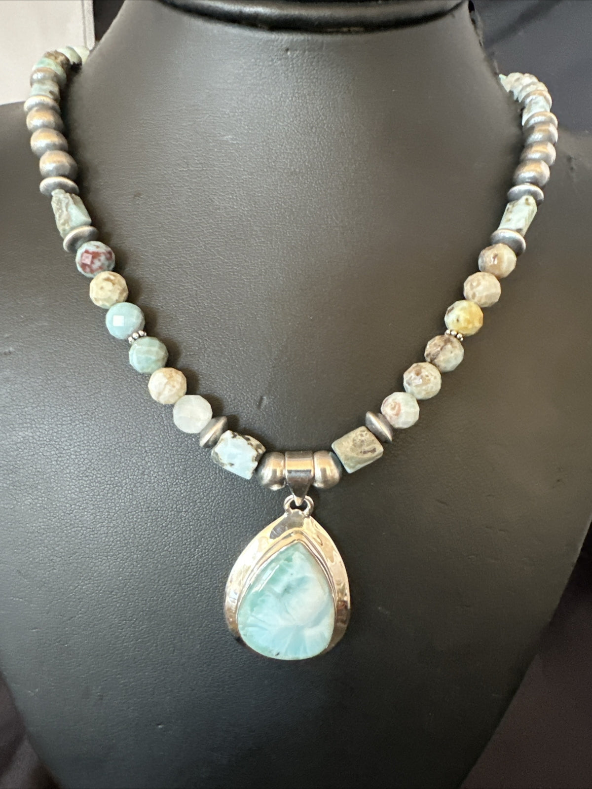 Blue Larimar Pendant Navajo Sterling Silver Natural Necklace 21" 17759
