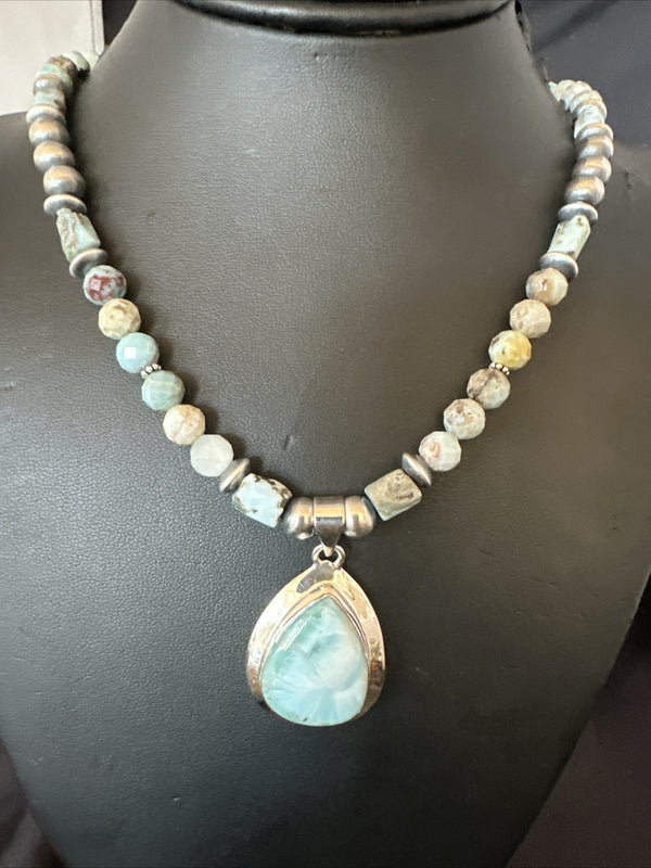 Blue Larimar Pendant Navajo Natural Necklace 21" | Sterling Silver | Authentic Native American Handmade | 17759