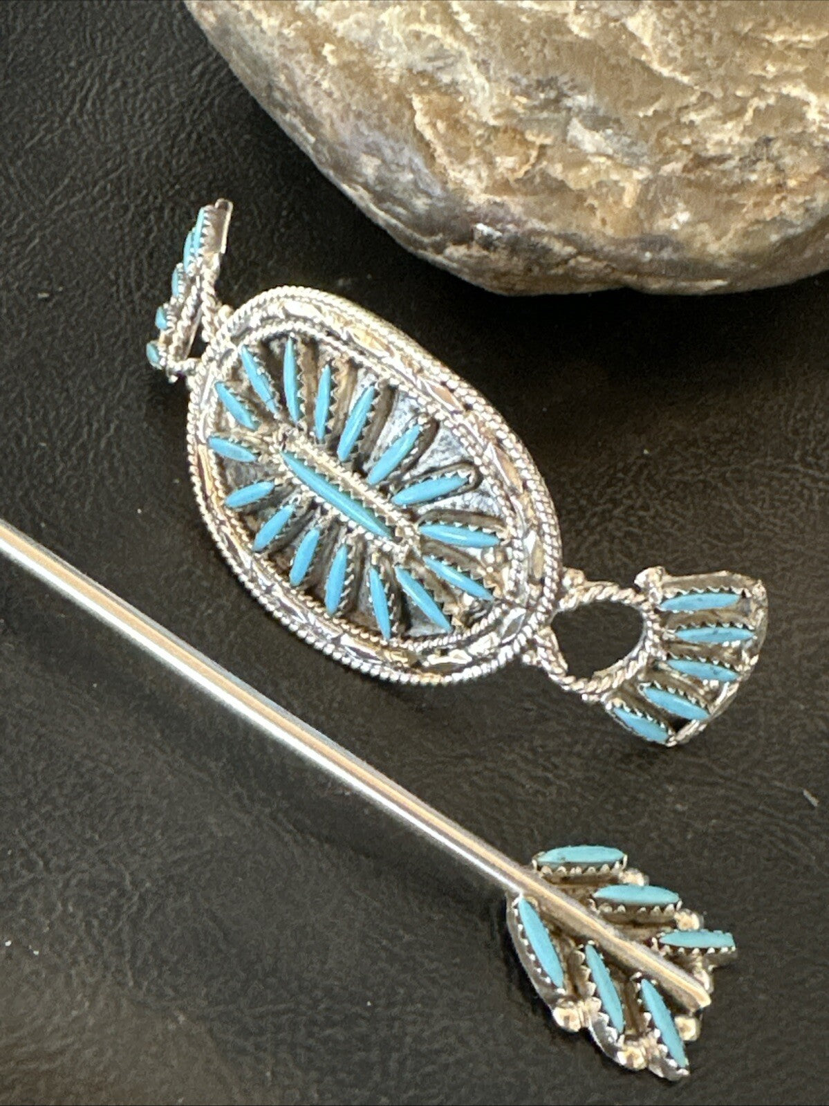 A Zuni Needle Point Sterling Silver Blue Turquoise Hair Barrette 4" 18622