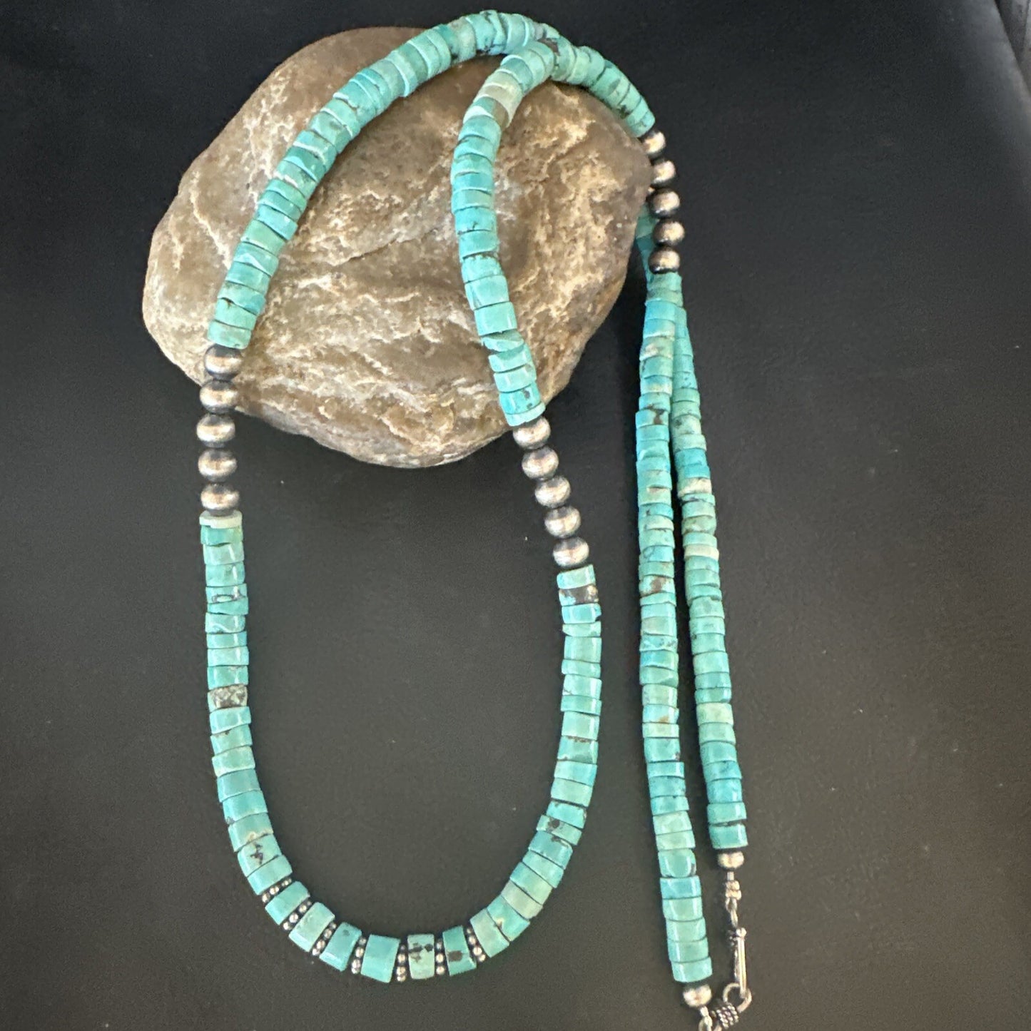 USA Blue Turquoise 21” Heishi Sterling Silver Bead Necklace 15164